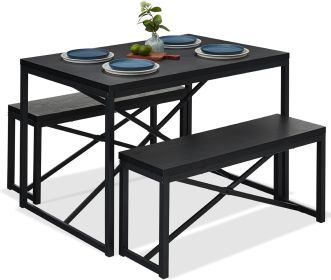 3-Piece Metal Dining Set w/ Black Wood Top & 2 Bench Chairs