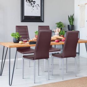 Modern High Back Brown Leather Dining Chairs w/ Metal Legs