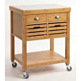 Stainless Steel Top Bamboo Wood Kitchen Cart w/ Casters