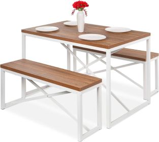 3-Piece Metal Dining Set w/ White Wood Top & 2 Bench Chairs