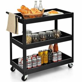Black Steel Frame Kitchen Cart on Wheels with 2 Bottom Shelves