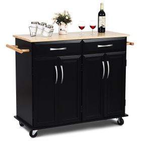 Black Kitchen Island Storage Cart w/ Wood Top & Wheels