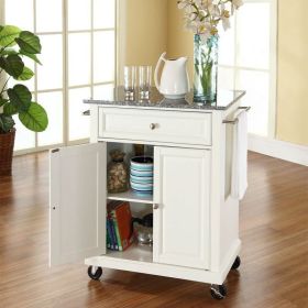 White Kitchen Cart w/ Granite Top & Locking Caster Wheels
