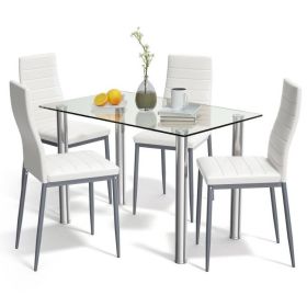 5-Piece Dining Set W/ Glass Top Table & 4 White Leather Chairs