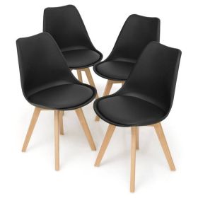 Modern Mid-Century Black Leather Dining Chairs w/ Wood Legs