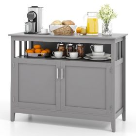Grey Wood 2-Door Dining Buffet Cabinet w/ Open Storage Shelf