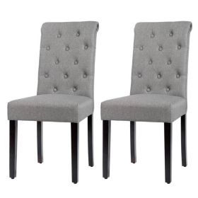 Grey Linen Button Tufted Dining Chair w/ Wood Legs
