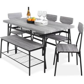 6-Piece Dining Set W/ Grey Wood Top 4 Chairs & Storage Bench