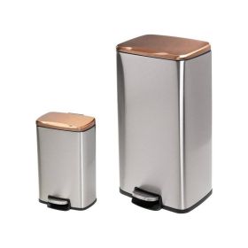Set of 2 Stainless Steel Copper Top Step On Trash Cans