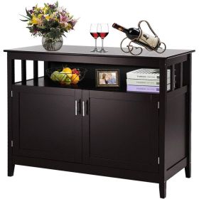 Dark Brown 2-Door Dining Buffet Cabinet w/ Open Storage Shelf