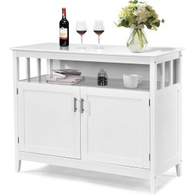 White Wood 2-Door Dining Buffet Cabinet w/ Open Storage Shelf
