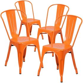 Set of 4 Outdoor Indoor Orange Metal Bistro Dining Chairs