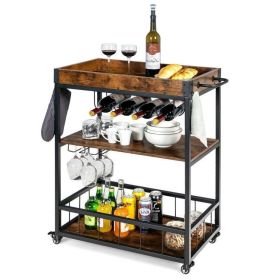 Industrial Metal & Wood Rolling Bar Cart w/ Wine Rack