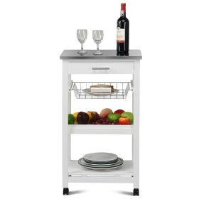 White Kitchen Cart w/ Storage Drawer & Stainless Steel Top