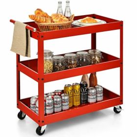 Red Steel Frame Kitchen Cart on Wheels w/ 2 Bottom Shelves