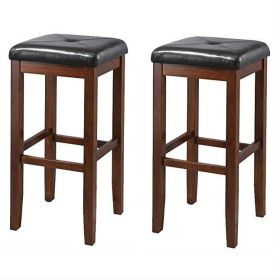 Set of 2 Vintage Mahogany Stools w/ Black Upholstered Seat