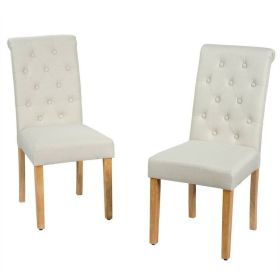 Set of 2 Beige Linen Button Tufted Dining Chairs w/ Wood Legs