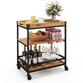 Metal Frame & Wood Shelf  Bar Cart w/ Removable Top Tray