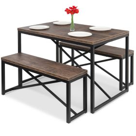 3-Piece Metal Dining Set w/ Wood Top & 2 Bench Chairs