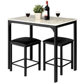 3-Piece Dining Set White w/ Faux Marble Top & 2 Black Stools
