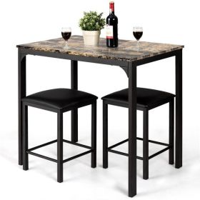 3-Piece Dining Set Brown Faux Marble Top & 2 Black Stools