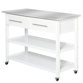 White Rolling Island w/ 2 Drawers Storage & Stainless Steel Top