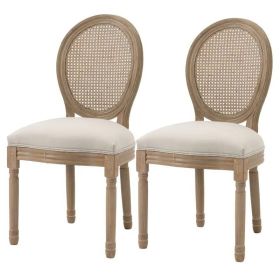 Vintage Upholstered Rattan Back Dining Chairs Beige White
