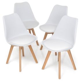 Modern Mid-Century White Leather Dining Chairs w/ Wood Legs