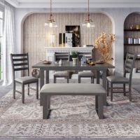 6-Pcs Solid Wood Dining Room Set W/ 4 Chairs & Bench