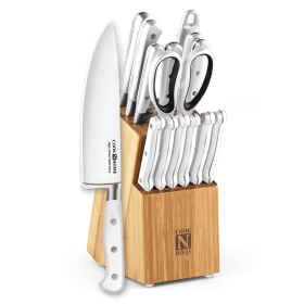 Kitchen Knife Set W/ Bamboo Block 15-Piece, White