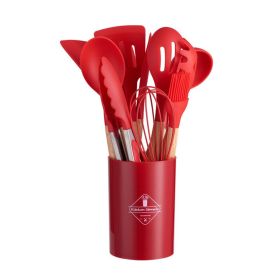 Wooden Handle Silicone Kitchen Utensils Set Storage Bucket (Color: Red)