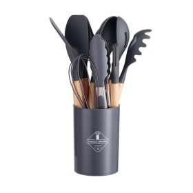 Wooden Handle Silicone Kitchen Utensils Set Storage Bucket (Color: Gray)
