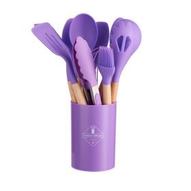Wooden Handle Silicone Kitchen Utensils Set Storage Bucket (Color: Purple)