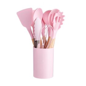 Wooden Handle Silicone Kitchen Utensils Set Storage Bucket (Color: Pink)