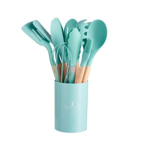 Wooden Handle Silicone Kitchen Utensils Set Storage Bucket (Color: Dark Green)