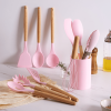 Wooden Handle Silicone Kitchen Utensils Set Storage Bucket