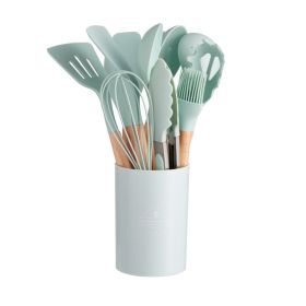 Wooden Handle Silicone Kitchen Utensils Set Storage Bucket (Color: Light Green)