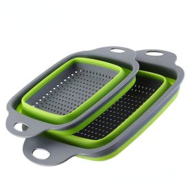 Collapsible Colander Silicone Square Strainer With Handle (Color: Green Set (1 Large + 1 Small))