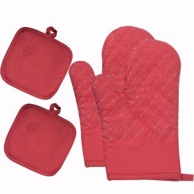 Silicone & Cotton Double-Layer Heat Resistant Oven Mitts (Color: Red)