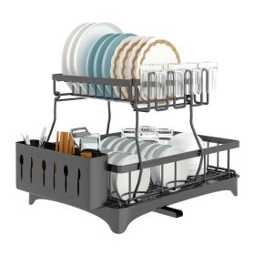 2-Tier Dish Rack Drainer W/ Utensil Holder (Color: Black)