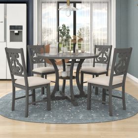 5-Piece Round Dining Table & 4 Fabric Chairs (Color: Gray)