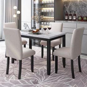 Faux Marble 5-Piece Dining Set, White/Beige+Black (Color: White)
