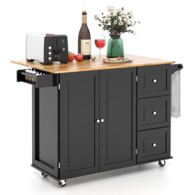 Kitchen Island Cart Wood w/ Tabletop & Storage Cabinet (Color: Black)